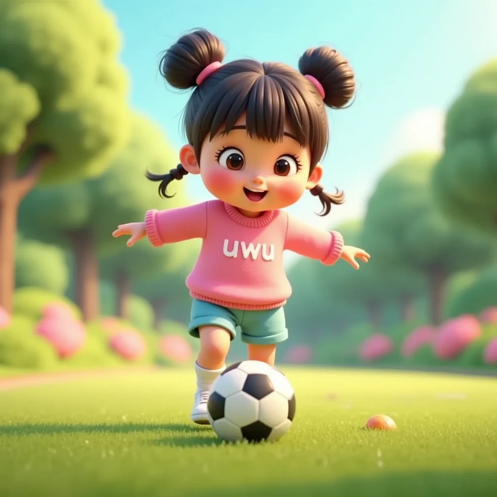 A wide and spacious front yard with green grass, a few colorful flowers, and a small tree in the corner. Uwu, a  cute and adorable girl, is standing in the yard, kicking a ball. She has her hair in two buns on top with bangs, clear hair fibers, flushed cheeks, wearing a pink sweater with 'uwu' written on it, blue shorts, short socks, and white sneakers. The cheerful atmosphere of the yard is illuminated by the warm morning sunlight. The style is 3D Pixar animation with a pastel color palette, creating a soft and lively ambiance, focusing on her expressive face and energetic kicking pose.