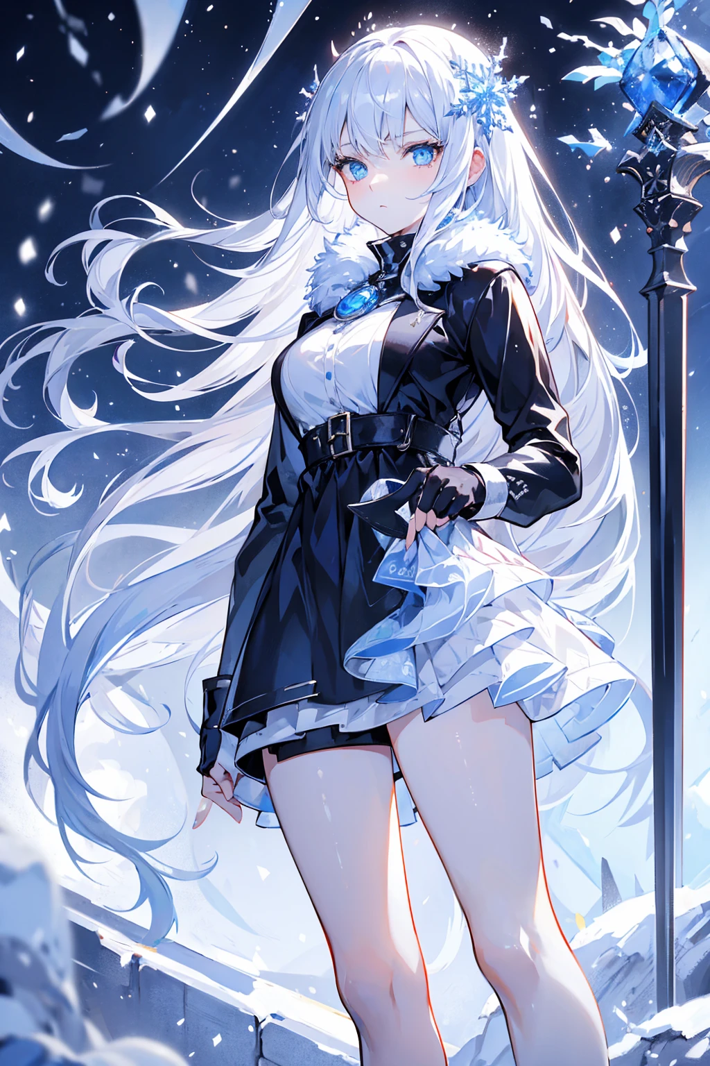 masterpiece,  height detail , Super Fine, Cold,  unique , (1 Girl), (pale),  Ice Blue Eyes ,  Frosty White Hair ,  Cool Challa , Flat surface, Young Lady, Mrs. Chara , medium , Arrogant, Confident, Cold face, goddess, Cool girl,  sharp eyes , ( Snow White Background ),  snowflake, (Frozen flowers:0.5), ( with a calm expression ), (Sparkling ice crystals), (modern casual wear), ( women's clothing ), (  Snow Covered Ground ), (Cold Breath), ( Smile:0.5)