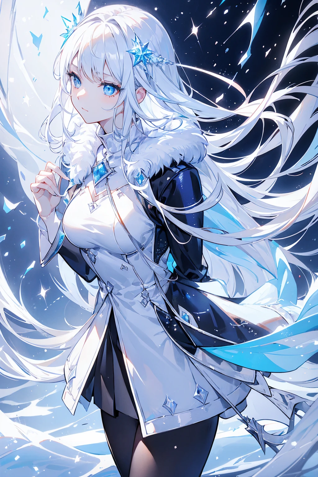 masterpiece,  height detail , Super Fine, Cold,  unique , (1 Girl), (pale),  Ice Blue Eyes ,  Frosty White Hair ,  Cool Challa , Flat surface, Young Lady, Mrs. Chara , medium , Arrogant, Confident, Cold face, goddess, Cool girl,  sharp eyes , ( Snow White Background ),  snowflake, (Frozen flowers:0.5), ( with a calm expression ), (Sparkling ice crystals), (modern casual wear), ( women's clothing ), (  Snow Covered Ground ), (Cold Breath), ( Smile:0.5)