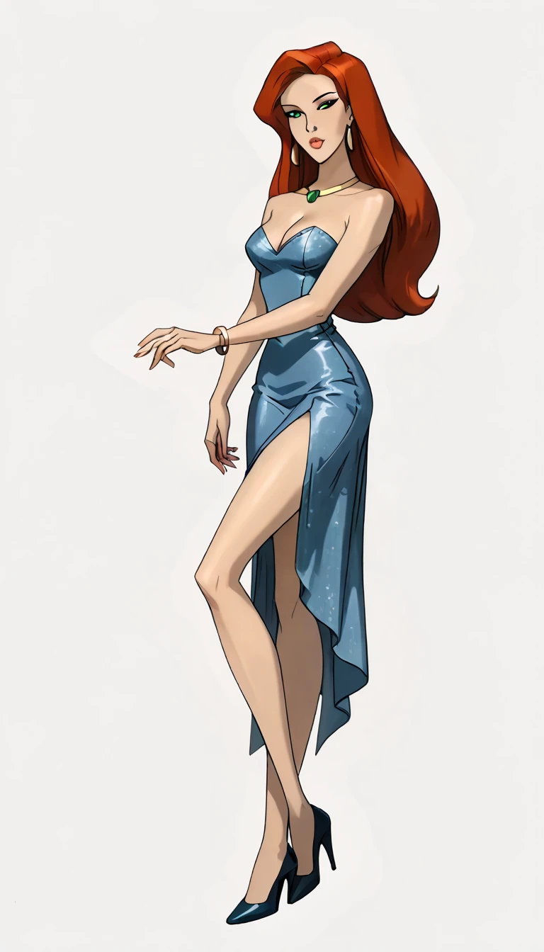 score_9, score_8_up, score_7_up, dcaustyle, 1girl, solo, very sexy mature (Jean Grey, Evolution, long hair, red hair, green eyes, retro artstyle:1.3), sexy halter dress, cleavage, heels, (beautiful waifu, thicc, long legs:1.4), flirt, gaze, sexy look, half-closed eyes, head tilt, filled lips, thick lips, makeup, side view, (full bodies in view) expressiveh d4rk01l, perfect hands, perfect proportions, simple background, (ultra-detailed), (detailed face:1.2).