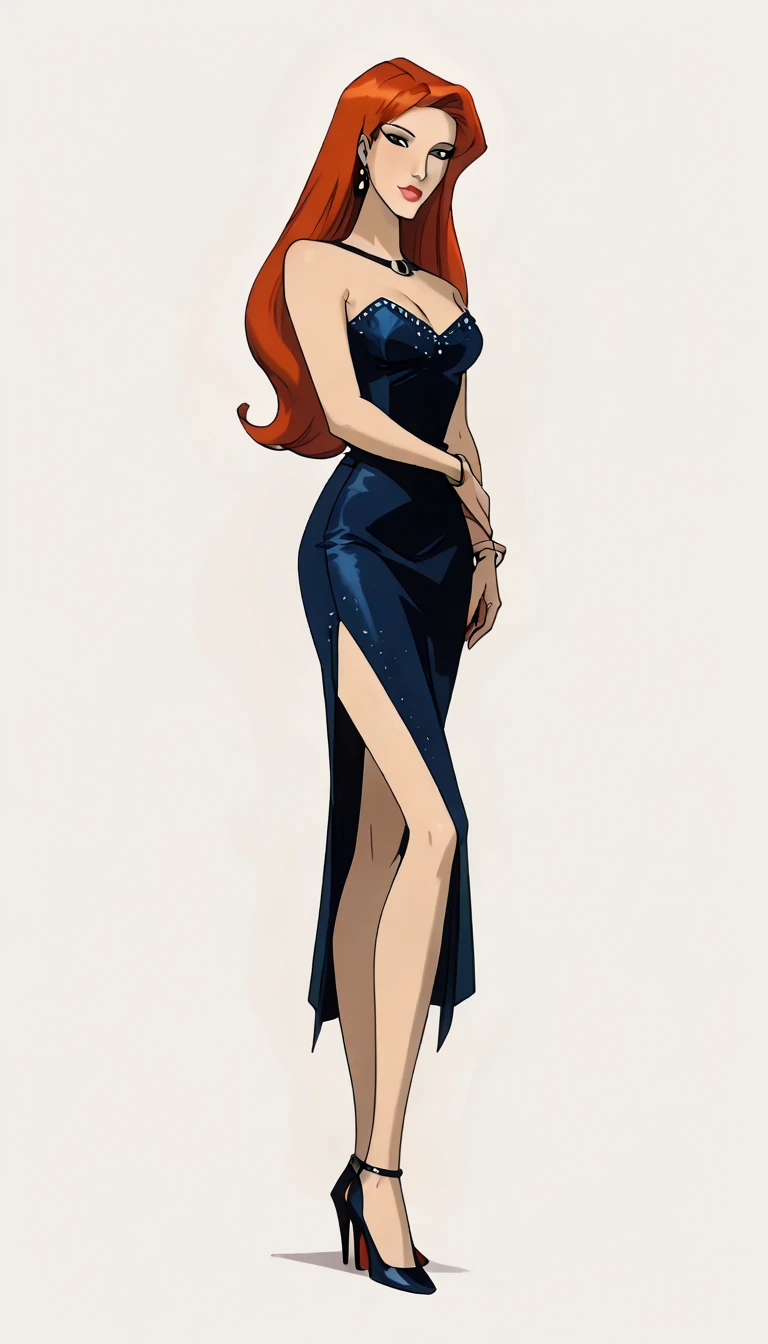 score_9, score_8_up, score_7_up, dcaustyle, 1girl, solo, very sexy mature (Jean Grey, Evolution, long hair, red hair, green eyes, retro artstyle:1.3), sexy halter dress, cleavage, heels, (beautiful waifu, thicc, long legs:1.4), flirt, gaze, sexy look, half-closed eyes, head tilt, filled lips, thick lips, makeup, side view, (full bodies in view) expressiveh d4rk01l, perfect hands, perfect proportions, simple background, (ultra-detailed), (detailed face:1.2).