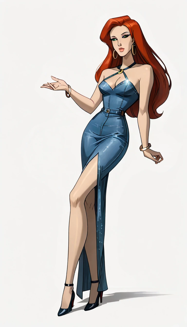 score_9, score_8_up, score_7_up, dcaustyle, 1girl, solo, very sexy mature (Jean Grey, Evolution, long hair, red hair, green eyes, retro artstyle:1.3), sexy halter dress, cleavage, heels, (beautiful waifu, thicc, long legs:1.4), flirt, gaze, sexy look, half-closed eyes, head tilt, filled lips, thick lips, makeup, side view, (full bodies in view) expressiveh d4rk01l, perfect hands, perfect proportions, simple background, (ultra-detailed), (detailed face:1.2).