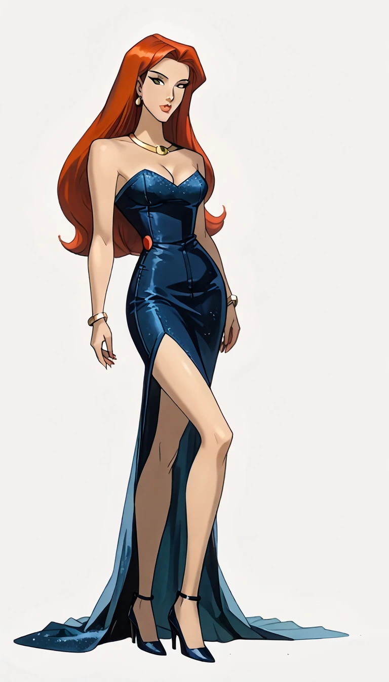 score_9, score_8_up, score_7_up, dcaustyle, 1girl, solo, very sexy mature (Jean Grey, Evolution, long hair, red hair, green eyes, retro artstyle:1.3), sexy halter dress, cleavage, heels, (beautiful waifu, thicc, long legs:1.4), flirt, gaze, sexy look, half-closed eyes, head tilt, filled lips, thick lips, makeup, side view, (full bodies in view) expressiveh d4rk01l, perfect hands, perfect proportions, simple background, (ultra-detailed), (detailed face:1.2).