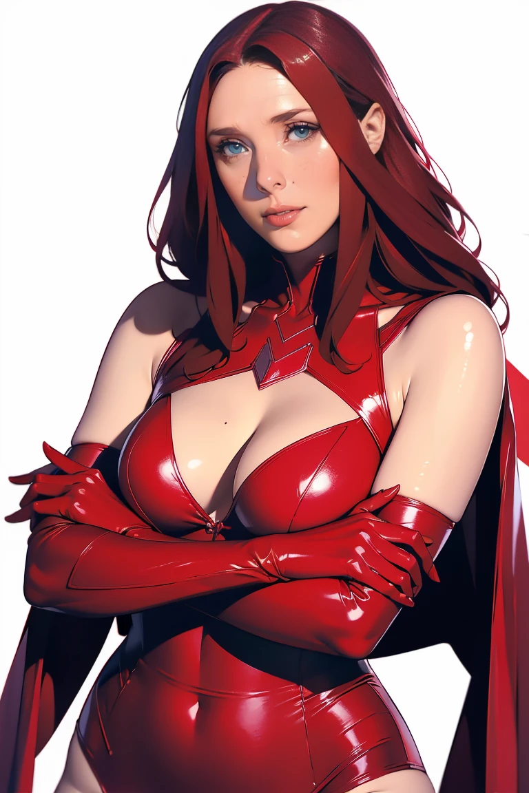 front:1，(The Scarlet Witch Marvel Hero)，scarlet witch:1，Mature beauty，Red Hair，Red gloves，Broad shoulders，Slim waist， to reveal cleavage and thighs， detailed，Evil eyes，Delicate face，masterpiece， white background