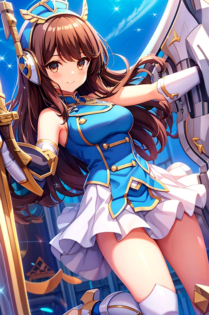  smiling、mecha wing、Thighs、tights、chest、 shiny brown hair、  1 girl、 solo girl、 headset 、idol dress、idol skirt、 light blue mini skirt 、mecha girl、I have a white armor 、 has a sword、sword、 has a shield、shield