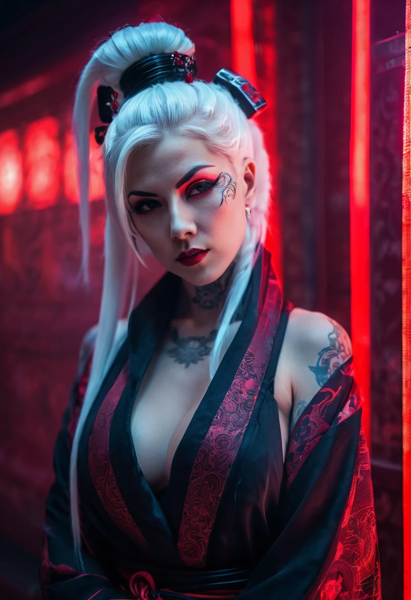 Woman. Samurai. background red. white hair. tattooed. Eyes red . Grinning