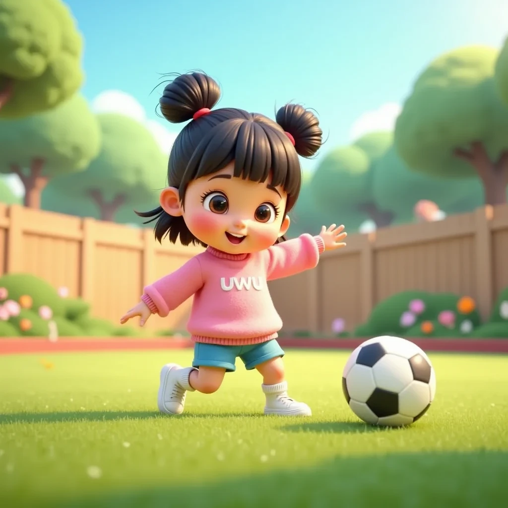 A wide and spacious front yard with green grass, a few colorful flowers, and a small tree in the corner. Uwu, a  cute and adorable girl, is standing in the yard, kicking a ball. She has her hair in two buns on top with bangs, clear hair fibers, flushed cheeks, wearing a pink sweater with 'uwu' written on it, blue shorts, short socks, and white sneakers. The cheerful atmosphere of the yard is illuminated by the warm morning sunlight. The style is 3D Pixar animation with a pastel color palette, creating a soft and lively ambiance, focusing on her expressive face and energetic kicking pose.