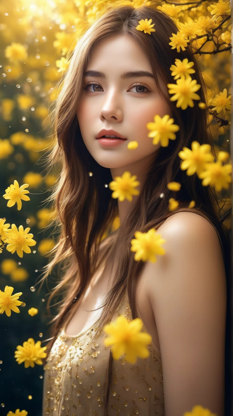 realistic,photography,(masterpiece,best quality),ultra-detailed,1girl,brown hair ,stars in the eyes,pure girl,(full body:0.5),There are many scattered luminous petals,Hidden in the light yellow flowers,Many flying drops of water,Many scattered leaves,branch,angle,contour deepening,cinematic angle,(Tyndall effect),