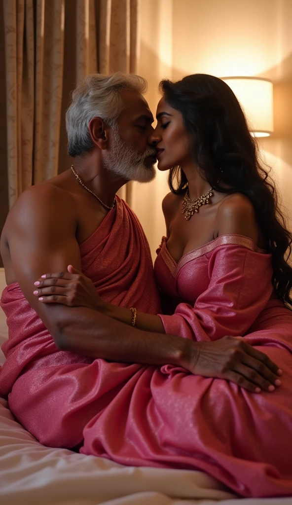 Indian young girl, wearing black saree, curvy hourglass body, on the bed, with old muscular Hindu pandit, kissing