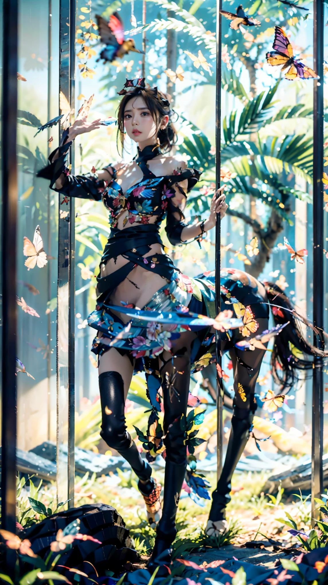 A dynamic and energetic photograph with a vibrant color style. The female model is completely covered in multi-colored paint, creating an explosion of color. She poses in mid-action, with paint splatters frozen in the air around her. Her clothing is minimal, allowing the paint to be the focal point. Her hair is styled in a sleek and bold fashion. The environment is a white studio with ample space for the model to move freely. The camera angle is slightly elevated, capturing the model's dynamic movements. ISO 400, shutter speed 1/500, focal length 50mm, moderate depth of field. The image is captured under bright and even studio lighting.