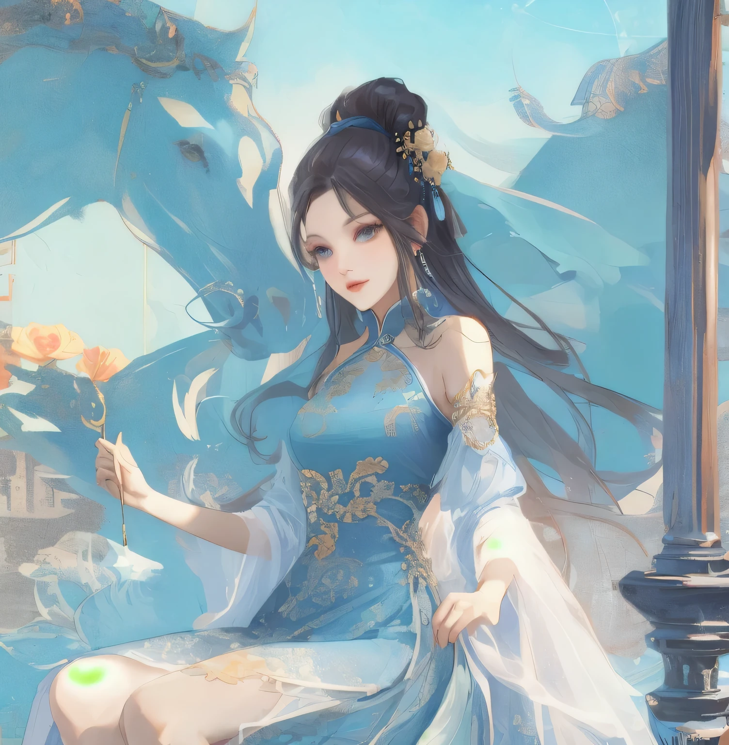 One China,Wear a blue dress , dress with refined details