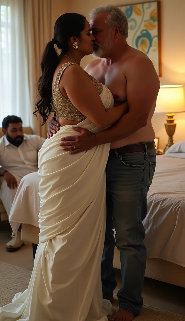 Arafed woman in a white dress standing in front of a bed, jesus hugging a woman, Jesus beijando uma Maria Madalena, captura de tela do filme, Most memorable scene, A cena mais bonita, cena de amor, cena completa filmada, cena favorita, Melhor Cena, foto sexy do filme, beijando juntos fofos, jason momoa as assyrian, [sirius]