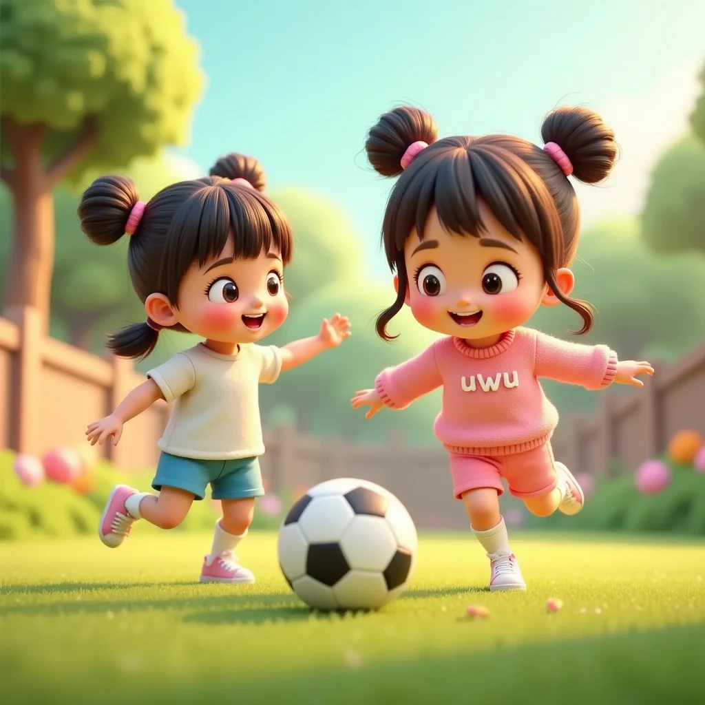 A wide and spacious front yard with green grass, a few colorful flowers, and a small tree in the corner. Uwu, a  cute and adorable girl, is playing soccer with her friend Mika. Uwu has her hair in two buns on top with bangs, clear hair fibers, flushed cheeks, wearing a pink sweater with 'uwu' written on it, blue shorts, short socks, and white sneakers. Mika, an adorable girl with long brown hair and bangs, is wearing a white t-shirt, a pastel pink skirt, and pink sneakers. Both are smiling and laughing as they kick the ball back and forth in the yard, which is illuminated by warm morning sunlight. The style is 3D animation with a pastel color palette, creating a soft and lively ambiance, focusing on their cheerful expressions and dynamic poses.