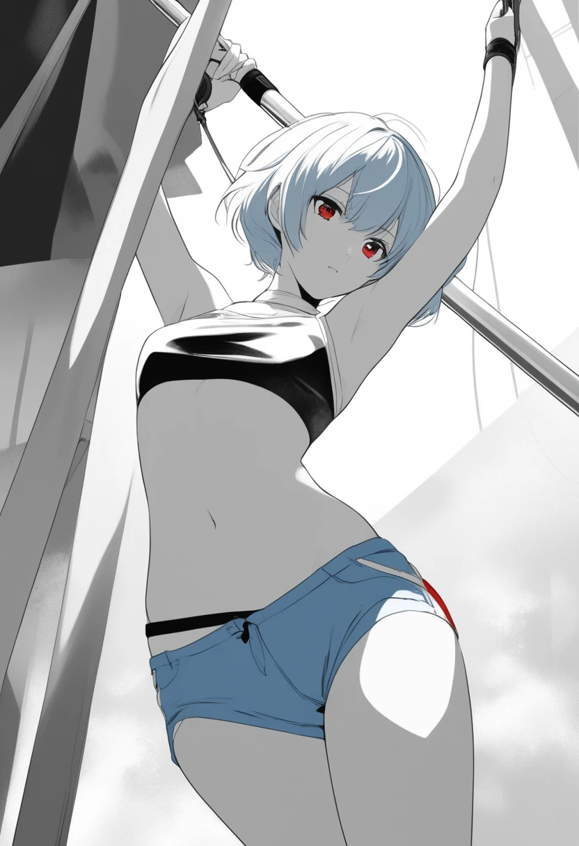 (colorvsgrey:1.5), (monochrome:1.5), Expressiveh, masterpiece, best quality,  1girl, ayanami rei, pole dancing, red crop top, blue shorts, blue hair, red eyes