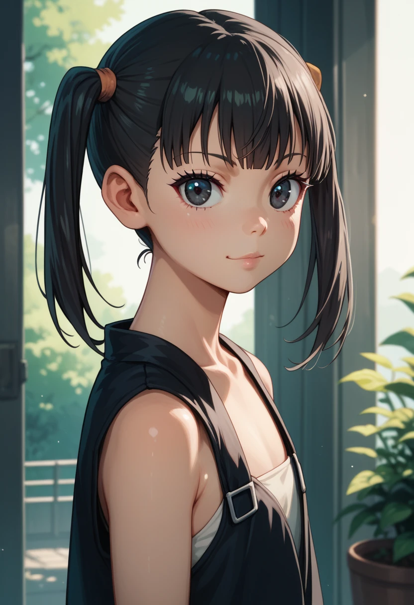 Unity 16K Wallpaper, Masterpiece, Best Quality, Ultra-Detailed, Extremely Detailed CG, Caustics, Cinematic Lighting, Detailed, Beautiful Detailed Eyes, 1girl, brown eyes, adorable, photorealistic, small breasts, (young girl, Tank top, beautiful black hair:1.3, 13 year old girl:1.3), summer park, dutch angle, cowboy shot, ponytail, from side, cheerful