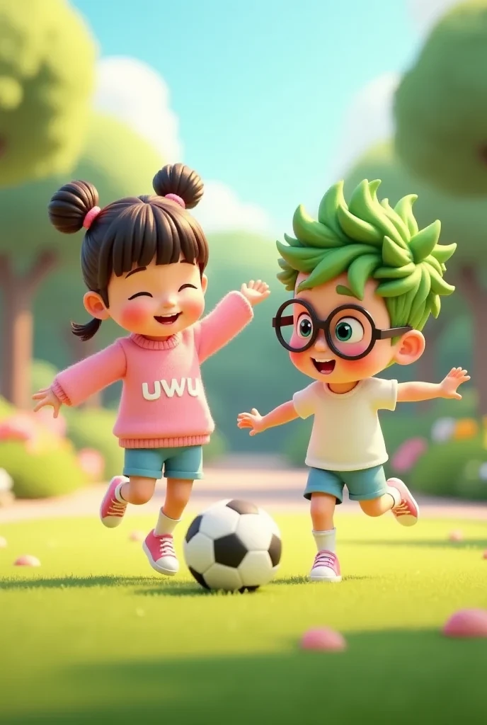 A wide and spacious front yard with green grass, a few colorful flowers, and a small tree in the corner. Uwu, a  cute and adorable girl, is playing soccer with her friend Mika. Uwu has her hair in two buns on top with bangs, clear hair fibers, flushed cheeks, wearing a pink sweater with 'uwu' written on it, blue shorts, short socks, and white sneakers. Mika, an adorable girl with long brown hair and bangs, is wearing a white t-shirt, a pastel pink skirt, and pink sneakers. Both are smiling and laughing as they kick the ball back and forth in the yard, which is illuminated by warm morning sunlight. The style is 3D animation with a pastel color palette, creating a soft and lively ambiance, focusing on their cheerful expressions and dynamic poses.