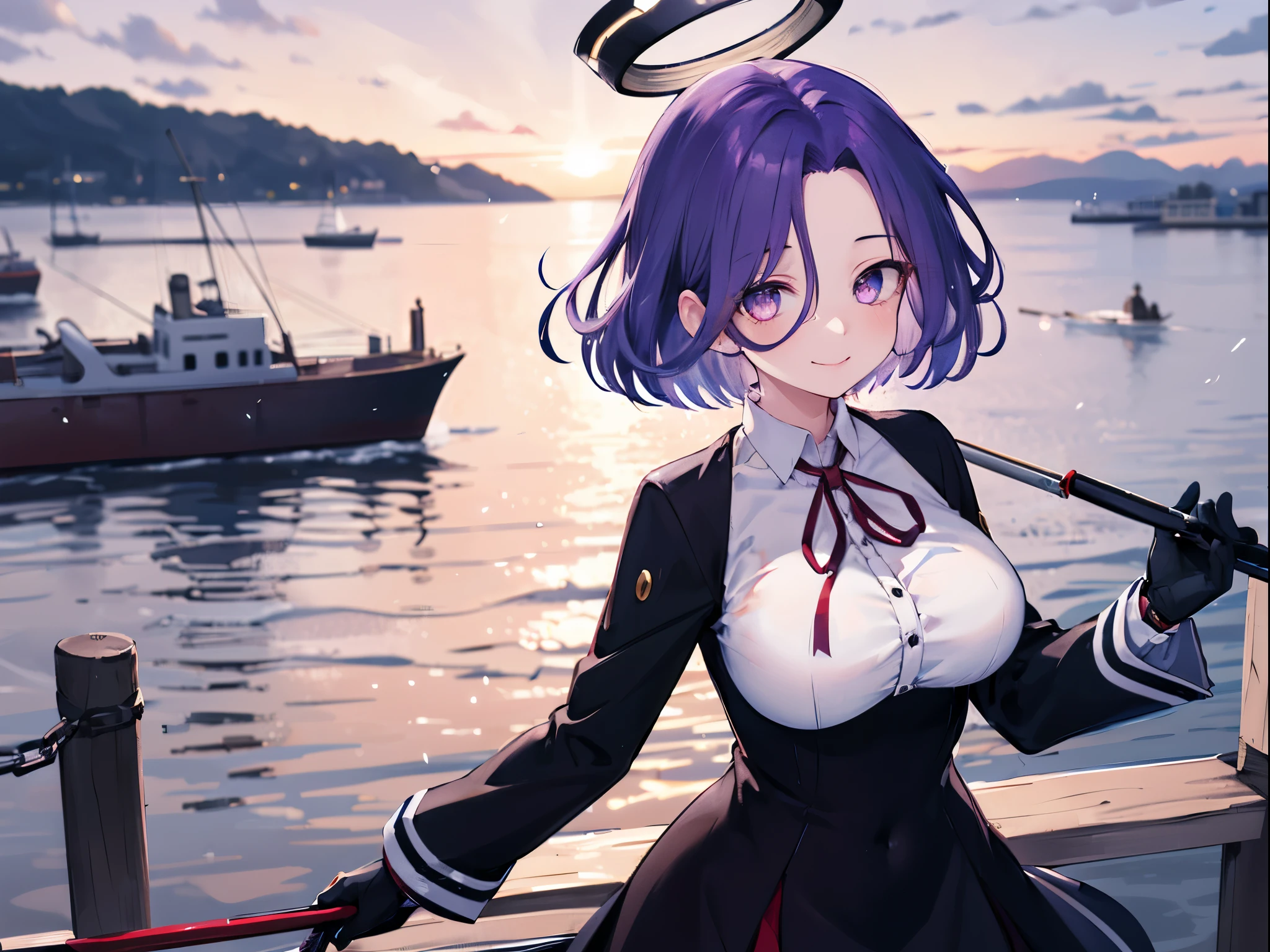 masterpiece, best quality, highres, mechanical halo, (big_breasts:1.2), black dress, neck ribbon, long sleeves, black gloves, outdoors, cowboy shot, standing, holding weapon, polearm,smile,,harbor_town_landscape,purple_halfeyes,(scornful eyes:1.4)