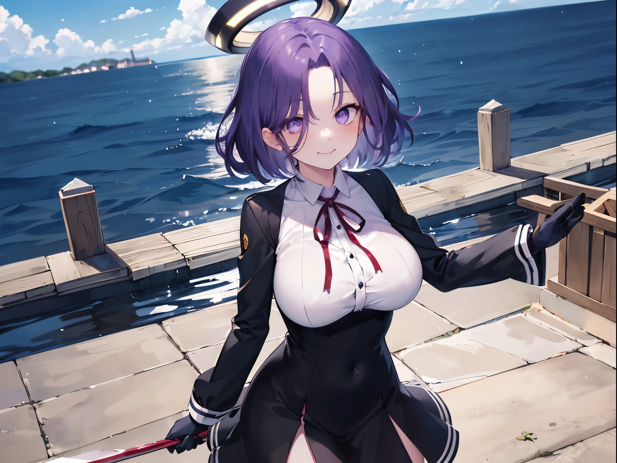 masterpiece, best quality, highres, mechanical halo, (big_breasts:1.2), black dress, neck ribbon, long sleeves, black gloves, outdoors, cowboy shot, standing, holding weapon, polearm,smile,,harbor_town_landscape,purple_halfeyes,(scornful eyes:1.4)