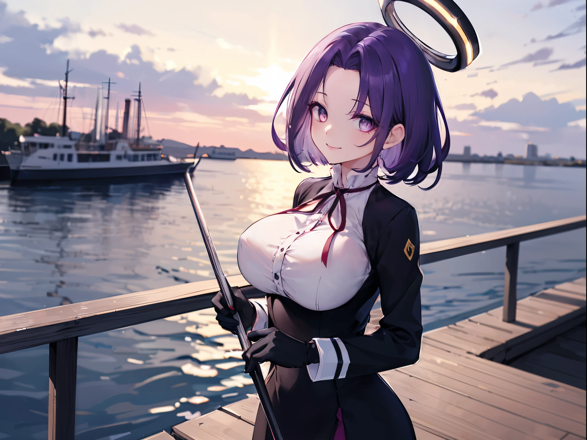 masterpiece, best quality, highres, mechanical halo, (big_breasts:1.2), black dress, neck ribbon, long sleeves, black gloves, outdoors, cowboy shot, standing, holding weapon, polearm,smile,,harbor_town_landscape,purple_halfeyes,(scornful eyes:1.4)