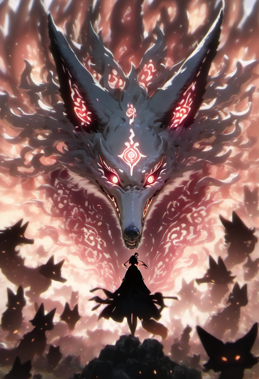 Silhouette art, Silhouette, 1girl, fighting giant DARK kyubi, giant FOX with ten tails ,glowing fox eyes, Japanese traditional theater, monster Boss, nostalgia ,intricate details, vibrant patterns. Atmospheric haze, shallow depth of field,((Very awa, ultra detailed,8k,masterpiece, highres, absurdres, newest))
