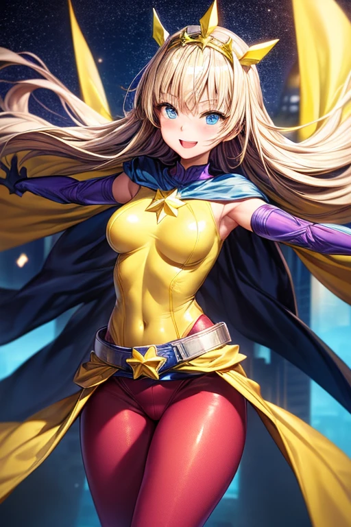 ((best quality)), ((masterpiece)), (detailed), 1 girl, Full body, 19 years old, Smiling face, Blue eyes, Star-shaped tiara, Arms outstretched, Arms behind waist, Blue superhero mask, Blushing, Blonde hair, Straight hair, Long hair, Bangs, 2 star clips in hair, Full body, Medium breasts, Slim body, Hands with yellow stars, Yellow wristbands, Long yellow gloves, Purple gloves, Purple gloves, Superhero costume, Superheroes, Yellow leotard suit, With a big yellow star in the center, Star emblem, Somewhat tight, Long yellow cape on waist, Red belt, Purple legs, Purple pantyhose, Flying, City background, Anime