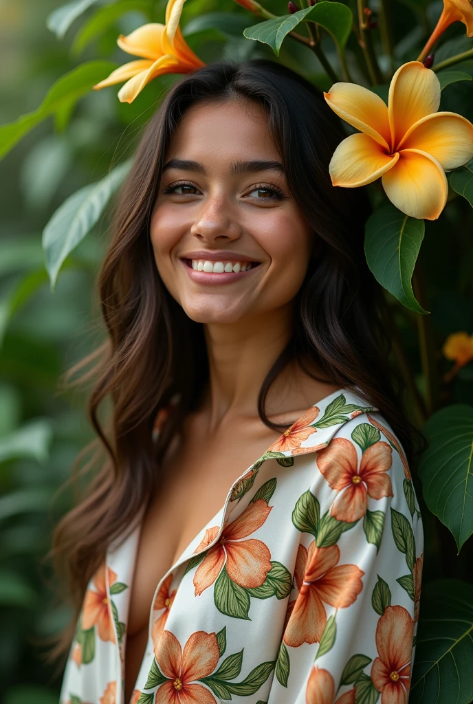A Brazilian woman in a lush tropical garden, wearing an open shirt with a floral print, with a close-up capturing the harmonious beauty between her breasts and the natural flowers, showing off your natural charm and outgoing personality.