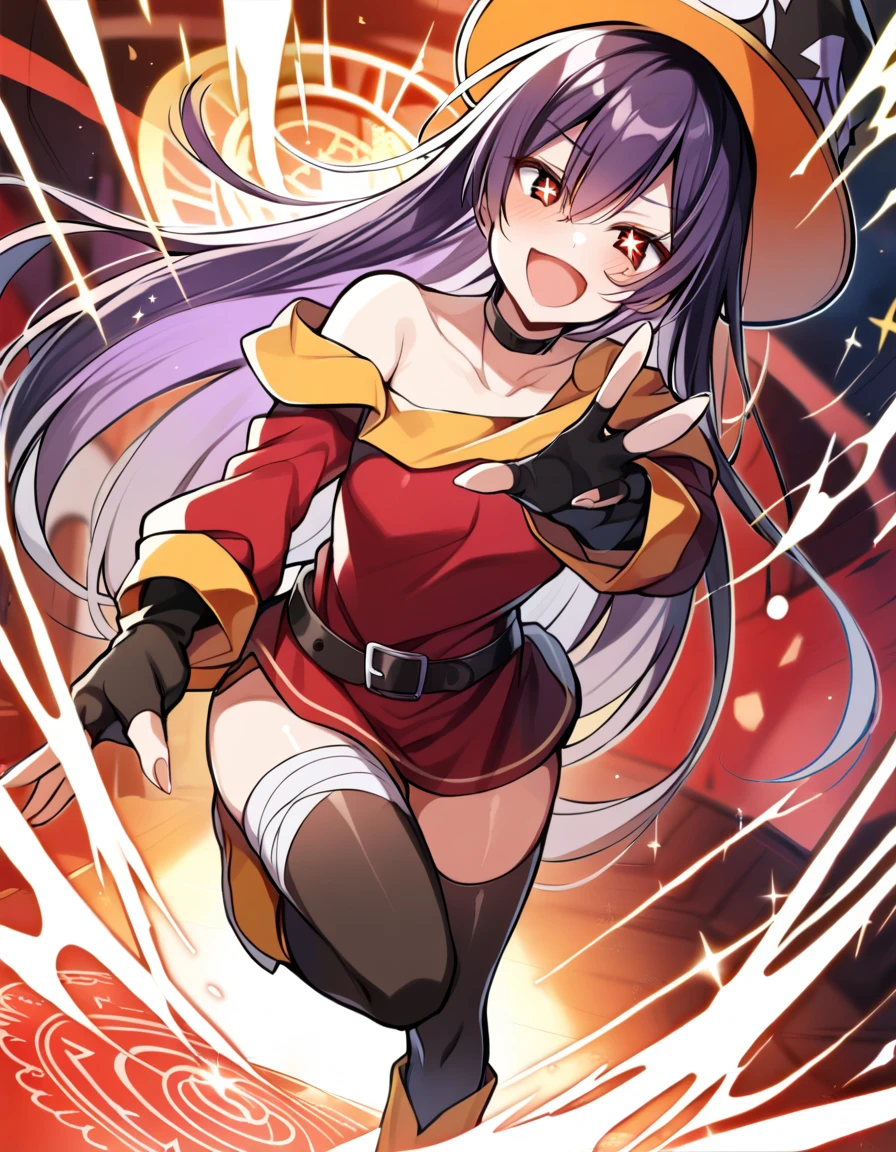 masterpiece, best quality, high quality, 1girl, (((symbol-shaped_pupils, ai hoshino's face ,oshinoko, dark purple hair, long hair, straight hair))), megumin`s costume(Belt choker, red dress, off-shoulder dress, Black gloves, fingerless gloves, Belt, mismatched legwear, asymmetrical legwear, bandaged leg, black thighhighs, knee boots, bigest wizard's hat, Black cape),chuunibyou, jojo pose, hand over eye, red theme, magic circle,, highly detailed, sparkle, glowing eye, arched back, leaning back, crossed wrists, laughing, reaching towards viewer,  
 magic circle, dynamic pose, outstretched hand, fingernails, wind, dynamic angle, very aesthetic, vibrant, colorful, crazy laugh, casting spell, crazy eyes, crazy, open mouth, eye trail, flaming eye, knee up,