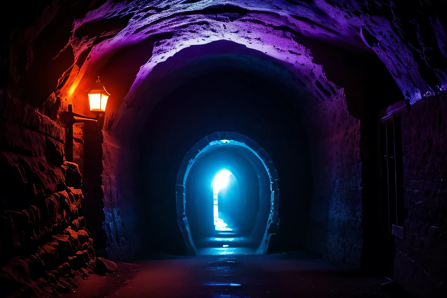 ENTRANCE TO A TUNNEL illuminated inside with an intense purple and orange light, at the entrance of the tunnel there are fantasy elements, it is night,
the tunnel is made of earth or stone, dark and gloomy atmosphere, volumetric, cinematic lighting, very high quality