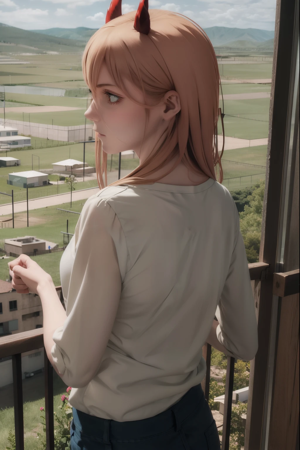 Create an illustration of the character Power from "Chainsaw Man" with her back turned, looking at the view on a balcony. Power must be dressed in her signature outfit: a baggy red blouse and black trousers with details. Your blonde hair should be loose and falling over your shoulders, and your devil ears should be visible.

The balcony should be spacious and have a stone or metal handrail, with a wide view of a natural or urban landscape in the background. The environment should be well lit, suggesting it is daytime, with soft sunlight hitting the scene.

Power should be in a relaxed pose, perhaps with your hands resting on the railing or at your sides. Her facial expression, although not fully visible, should convey a sense of contemplation or curiosity as she takes in the view.