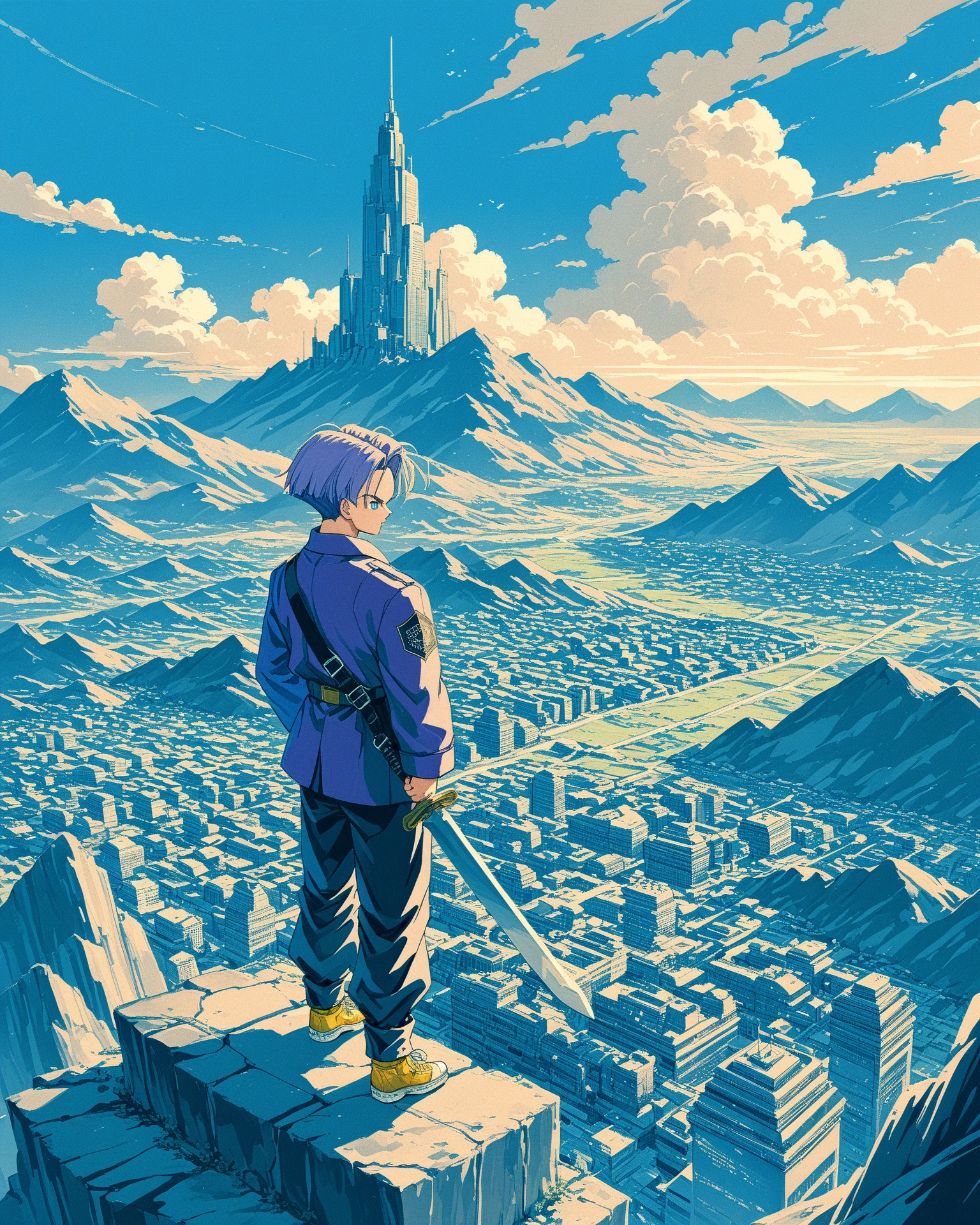 solo, 1boy\((trunsaya:1.0),future,Trunks,20 years old, purple jacket, black muscle shirt underneath, black pants, blue eyes, black pupil, purple hair, yellow shoes with black tips,back view,full body,holding sword\) standing on top of skyscraper. background\((Collapsed city:1.4),Collapsed buildings,\),(landscape:1.3),score_9, score_8_up, score_7_up, score_6_up, score_5_up, score_4_up, source_anime,source_furry,rating_safe,rating_questionable,masterpiece, best quality, perfect anatomy , very aesthetic , absurdres,scenery, (limited palette:1.3),realistic