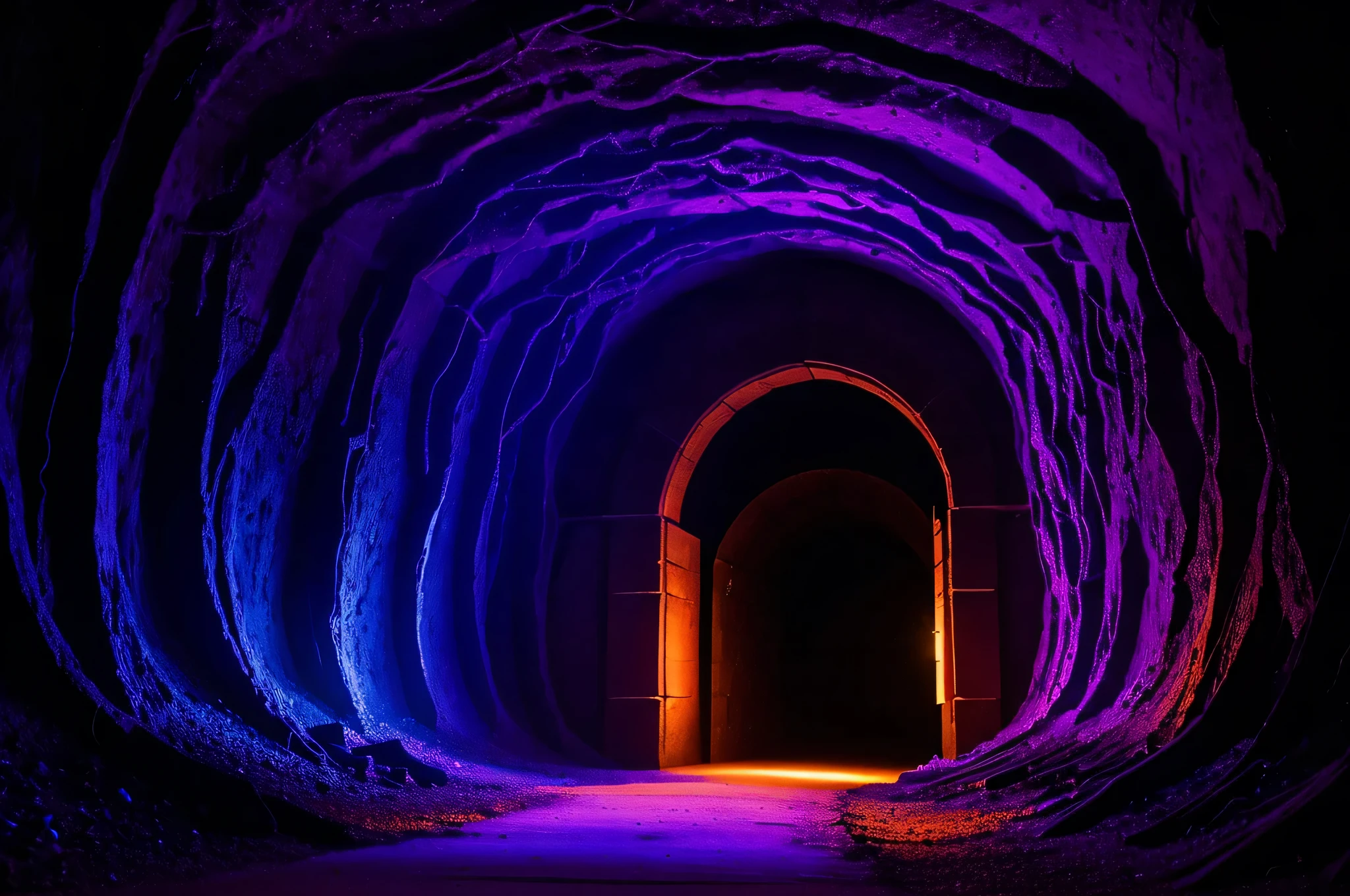 ENTRANCE TO A TUNNEL illuminated inside with an intense purple and orange light, at the entrance of the tunnel there are fantasy elements, it is night,
the tunnel is made of earth or stone, dark and gloomy atmosphere, volumetric, cinematic lighting, very high quality