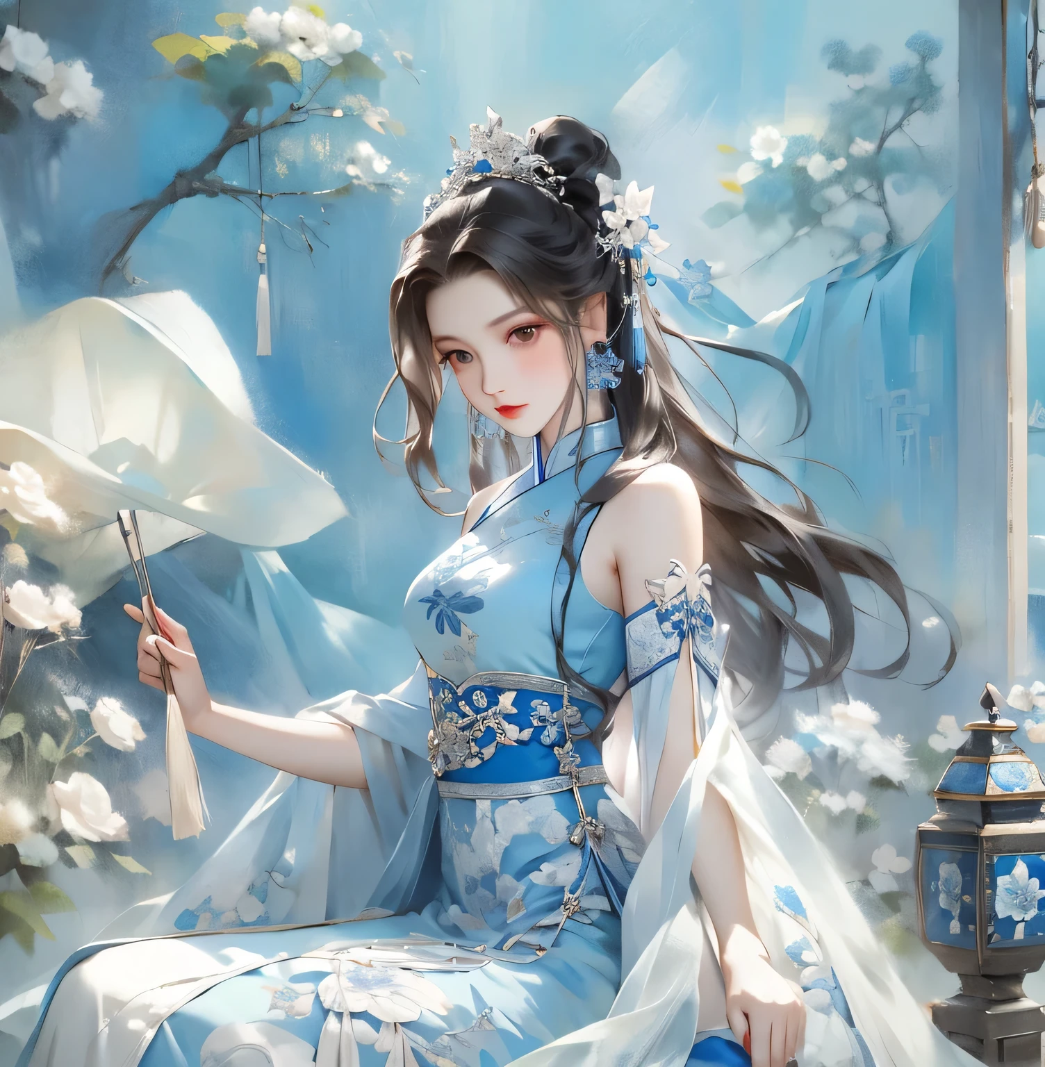 tmasterpiece，best qualtiy，8K，primitive：1.2，realisticlying：1.4，Grotesque，1 Role，Solo，ff Tifa，Most detailed，opens his eyes wide：1.3，eyes reflection：1.5，eyes with brightness：1.5，White skin，（Chinese cheongsam with blue and flowers，Side splits，lace-up，Chinese tiara，Blue and white porcelain），Plum print，Slim，Thin leg，Moon，Updraft，rays of moonlight，Beautiful ancient Chinese architecture，Chinese style，（back）