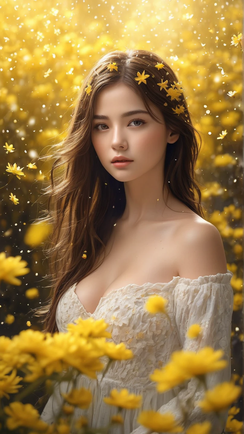 realistic,photography,(masterpiece,best quality),ultra-detailed,1girl,brown hair ,big breasts, stars in the eyes,pure girl,(full body:0.5),There are many scattered luminous petals,Hidden in the light yellow flowers,Many flying drops of water,Many scattered leaves,branch,angle,contour deepening,cinematic angle,(Tyndall effect),