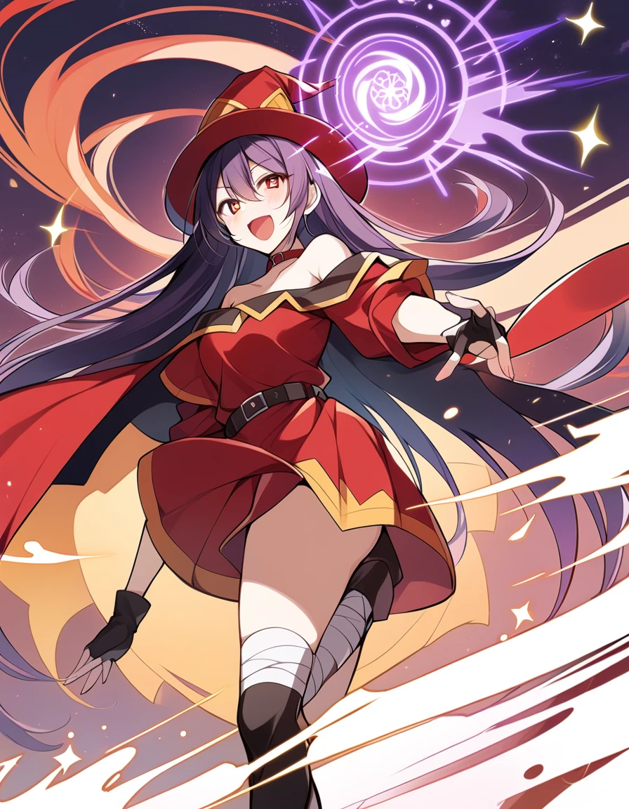 masterpiece, best quality, high quality, 1girl, perfect  anatomy, (((symbol-shaped_pupils, ai hoshino's face ,oshinoko, dark purple hair, long hair, straight hair))), megumin`s costume(Belt choker, red dress, off-shoulder dress, Black gloves, fingerless gloves, Belt, mismatched legwear, asymmetrical legwear, bandaged leg, black thighhighs, knee boots, bigest wizard's hat, Black cape),chuunibyou, jojo pose, hand over eye, red theme, magic circle,, highly detailed, sparkle, glowing eye, arched back, leaning back, crossed wrists, laughing, reaching towards viewer,  
 magic circle, dynamic pose, outstretched hand, fingernails, wind, dynamic angle, very aesthetic, vibrant, colorful, crazy laugh, casting spell, crazy eyes, crazy, open mouth, eye trail, flaming eye, knee up,