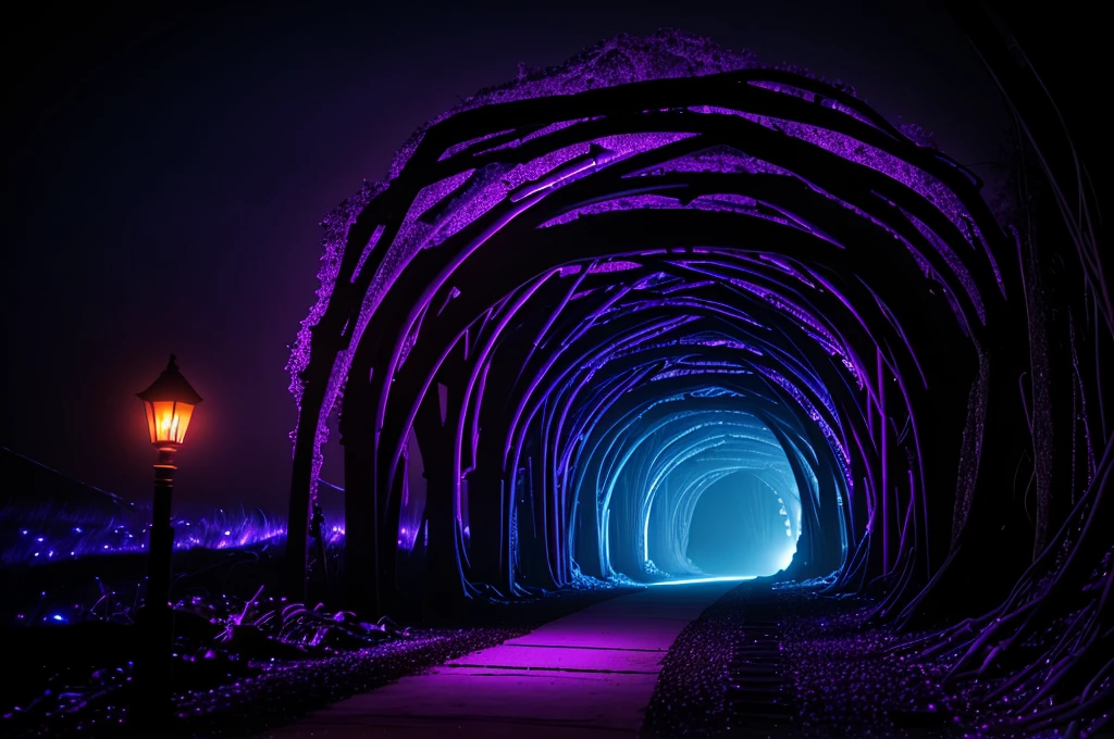 ENTRANCE TO A TUNNEL illuminated inside with an intense purple and orange light, at the entrance of the tunnel there are fantasy elements, it is night,
the tunnel is made of earth or stone, dark and gloomy atmosphere, volumetric, cinematic lighting, very high quality