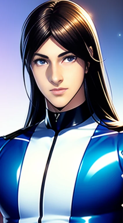 Handsome and cool boy, teenager, in latex superhero costume, with long hair and fair skin