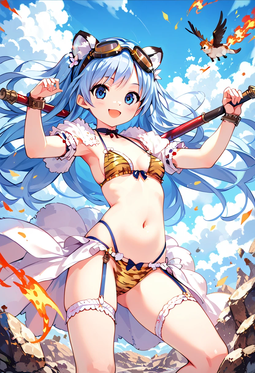  cute girl, wearing fire armor,  huge giant axe , goggles, bikini armor,  deer antler, Tiger print waist wrap, rocket booster, dynamic pose, masterpiece, Very detailed、Intricate details、Realistic texture, Concave and Convex of the Human Body, Realistic details, Best Quality, Surreal works, Women are detailed and realistic, Graphic Arts, {My name is Natsuha　Corner　Alice　Deep　Calm　day princess　Hachiroku　Olives　Paulette}, 