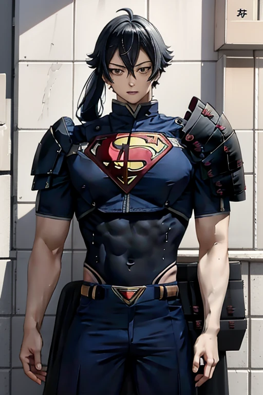 Back Alley,  Japanese beautiful young young man with a cool and handsome face 18 years old, Superman Armor , 18 years old,  thin macho, Height: 190cm, Long bangs,  ponytails bleeding from the vagina