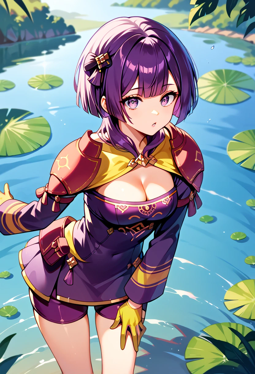 Illustration, realistic proportions, warBernie, short purple hair, hair ornament, shoulder pads, purple dress, short dress, long sleeves, purple shorts, cleavage, yellow gloves, standing on the coast of a lake, watching towards water