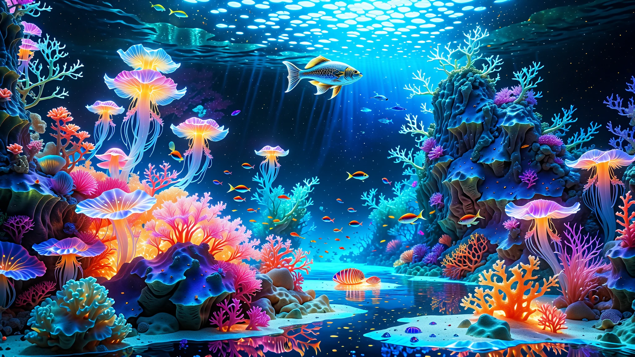 A Masterpiece In 32K Resolution, Supreme Quality, Super Detail, Official Art, Very High-Resolution 32K Wallpaper, Beautiful And Aesthetic, Ultra-Detailed Features, Awe-Inspiring Detail. A Mesmerizing Underwater World Where Every Coral, Plant, And Creature Glows With Neon Colors. Large, Transparent Jellyfish Float Gracefully, Their Tentacles Emitting A Soft Glow That Illuminates The Surrounding Area. Schools Of Fish With Iridescent Scales Swim Through Towers Of Luminescent Coral. The Ocean Floor Is Covered In Glowing Sand, And The Water’s Surface Reflects The Light Below, Creating A Multi-Layered, Immersive 3D Scene.