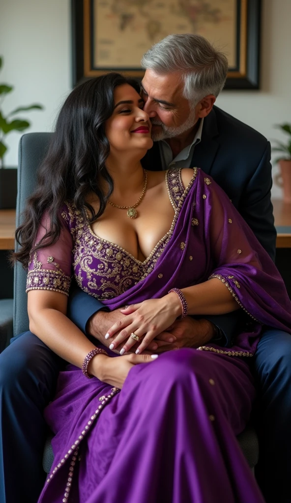 "Generate an image of a busty woman with huge breasts in a pink saree lying in a bush in a jungle with a man in a black suit kissing her neck
