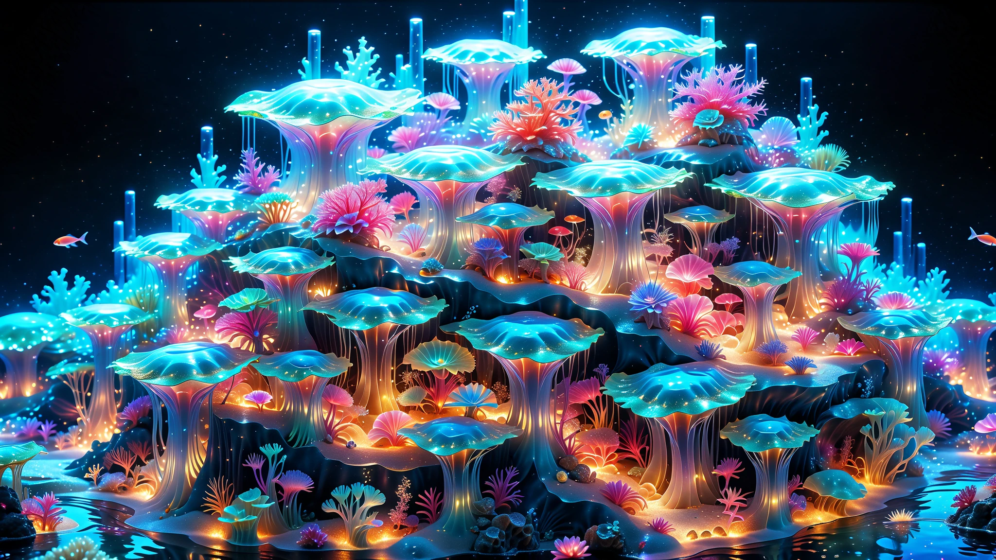 A Masterpiece In 32K Resolution, Supreme Quality, Super Detail, Official Art, Very High-Resolution 32K Wallpaper, Beautiful And Aesthetic, Ultra-Detailed Features, Awe-Inspiring Detail. A Mesmerizing Underwater World Where Every Coral, Plant, And Creature Glows With Neon Colors. Large, Transparent Jellyfish Float Gracefully, Their Tentacles Emitting A Soft Glow That Illuminates The Surrounding Area. Schools Of Fish With Iridescent Scales Swim Through Towers Of Luminescent Coral. The Ocean Floor Is Covered In Glowing Sand, And The Water’s Surface Reflects The Light Below, Creating A Multi-Layered, Immersive 3D Scene.