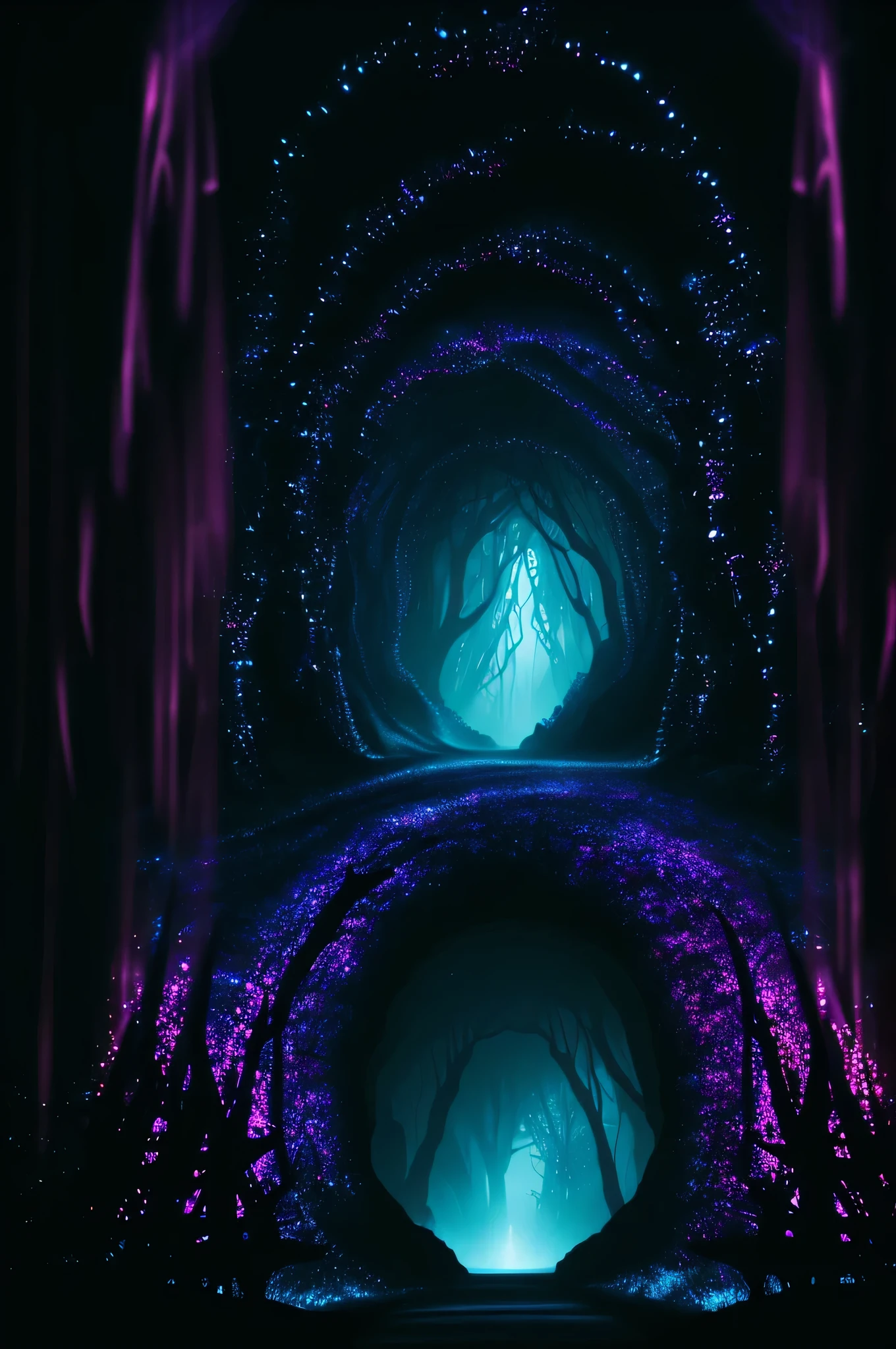 ENTRANCE TO A TUNNEL illuminated inside with an intense purple and orange light, at the entrance of the tunnel there are fantasy elements, it is night,
the tunnel is made of earth or stone, dark and gloomy atmosphere, volumetric, cinematic lighting, very high quality