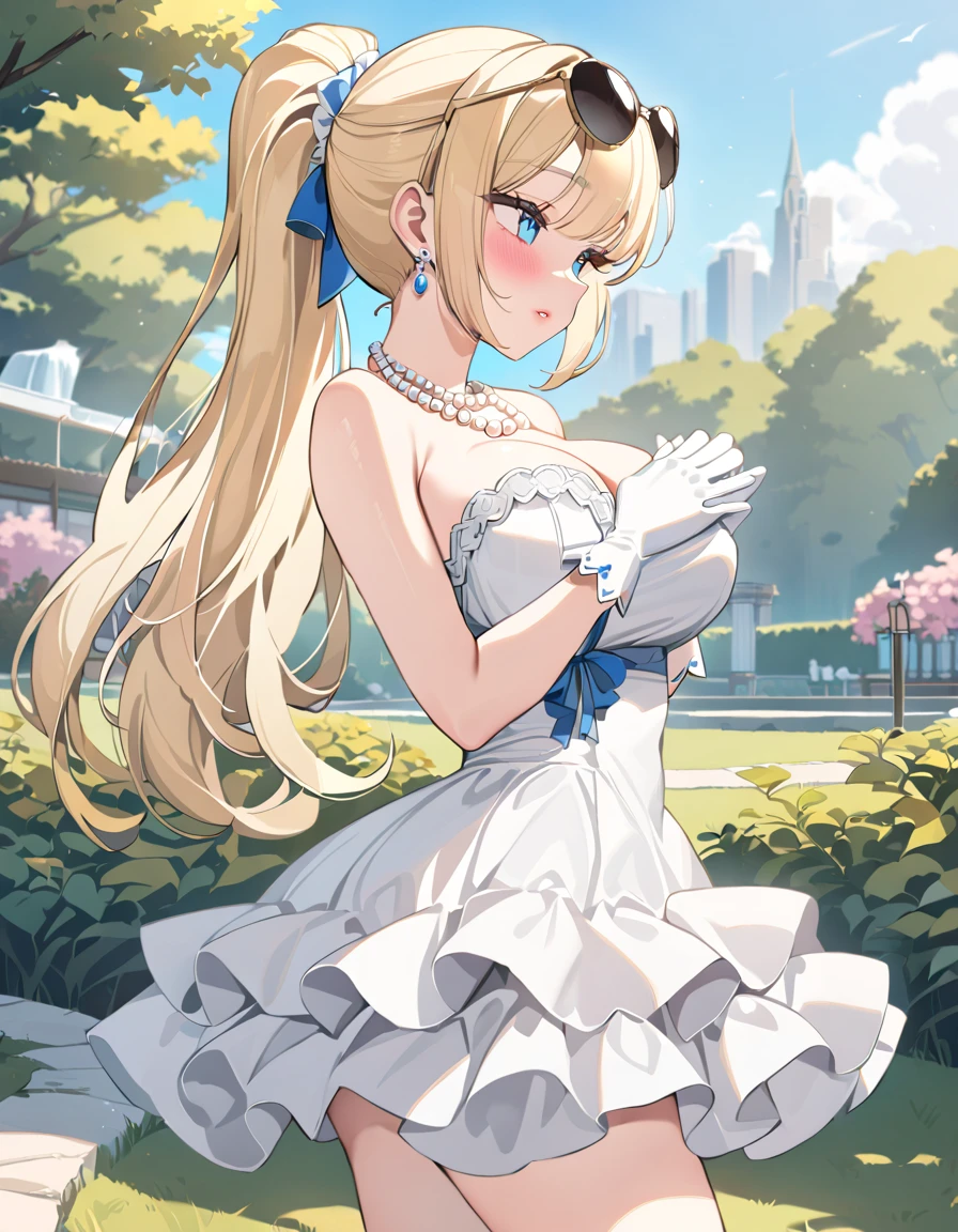 1girl, solo, masterpiece, best quality, round breasts, (anime art style:1.0), 2d, dynamic shadows, long blonde hair, hair is stylized in a ponytail, blue eyes, sunglasses on her head, diamond blue earrings, long white strapless dress with ruffles on it, she has a sparkly white dress with frills at the ends of it, she has white lacy gloves on her hands, she has a pearl necklace, she has soft pink lips, light makeup, she is standing in a garden/landscape, beautiful girl, softly blushing, straight hair, round breasts