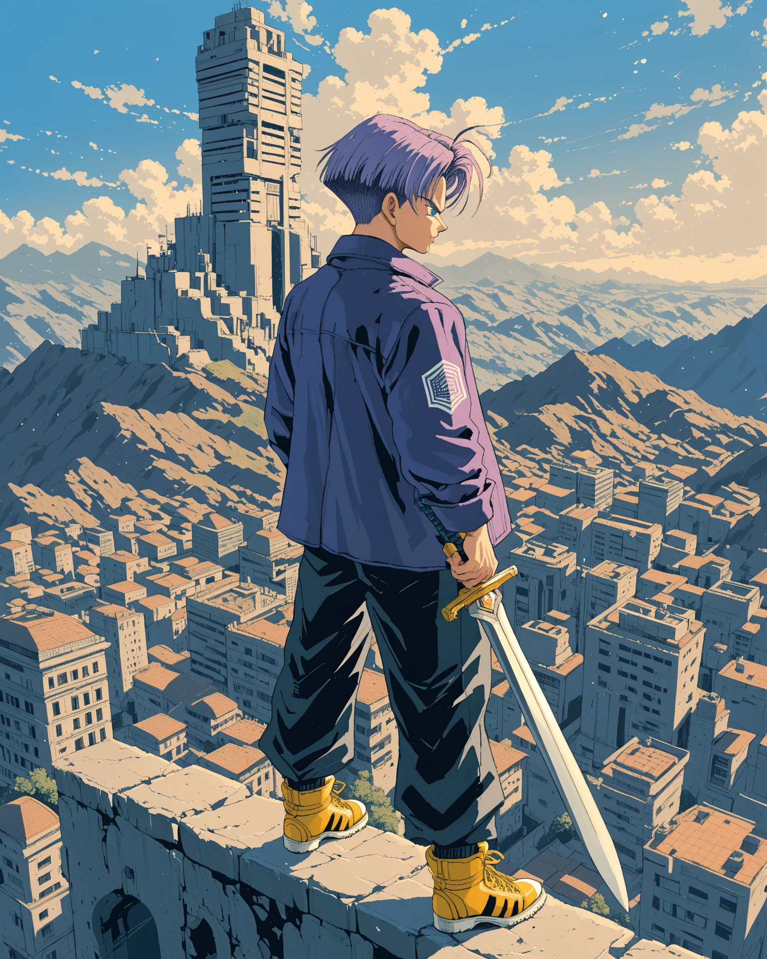 solo, 1boy\((trunsaya:1.0),future,Trunks,20 years old, purple jacket, black muscle shirt underneath, black pants, blue eyes, black pupil, purple hair, yellow shoes with black tips,back view,full body,holding sword\) standing on top of skyscraper. background\((Collapsedcity:1.4),(Collapsed buildings:1.3),\),(landscape:1.3),score_9, score_8_up, score_7_up, score_6_up, score_5_up, score_4_up, source_anime,source_furry,rating_safe,rating_questionable,masterpiece, best quality, perfect anatomy , very aesthetic , absurdres,scenery, (limited palette:1,2),realistic