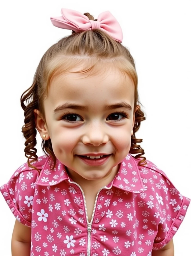 4 year old with a bright pink bow on her head, with black background