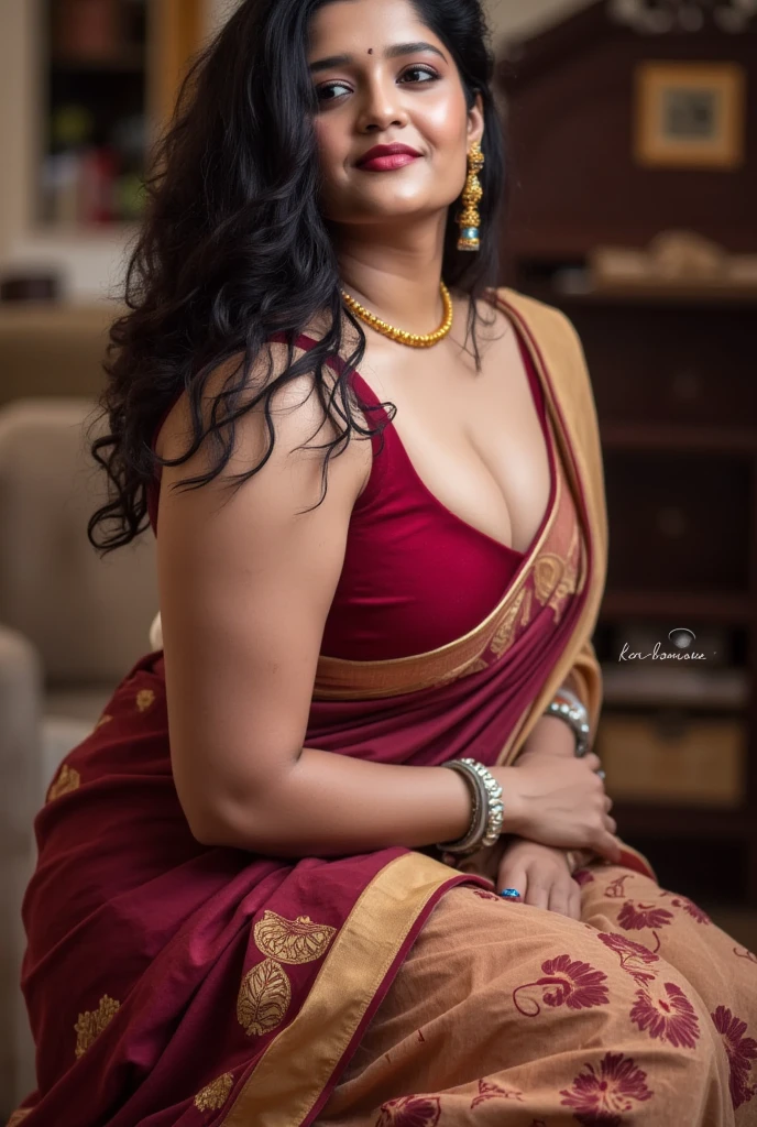 A woman with long dark hair wearing a colorful saree, leaning forward with her hands on her large breasts, creating a deep cleavage, extremely detailed face, beautiful detailed eyes, beautiful detailed lips, extremely detailed skin texture, intricate saree patterns, masterfully volumetric and tactile rendering, cinematic dramatic lighting, rich color palette, hyper-realistic, 8k, photorealistic, award-winning digital art