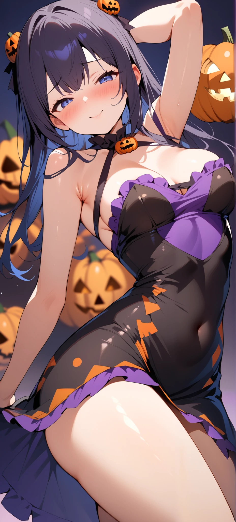 sexy girl, sexy figure, blush face, wearing only a  sexy halloween dress, sexy pose, closeup view,