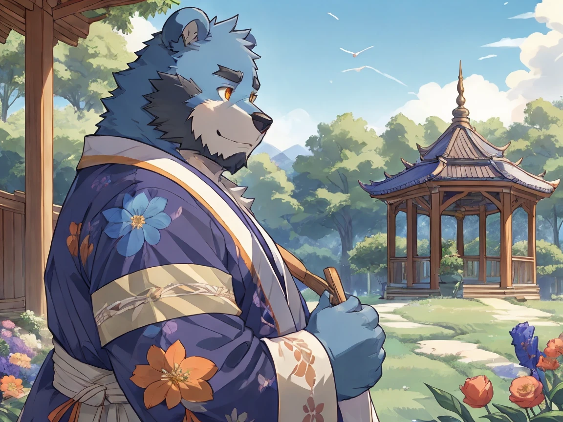 （morning）， A boy playing in the garden，Wearing Kimono，outdoor，quality， rich colors ， extremely detailed，Full body close-up，Full body close-up，Beautiful appearance ，The boy is a blue bear， Orange-gold eyes ， has thick hair on the body， Very Cute ，Fat，blue bear， unique ，Cheek hair is dark blue，Has a dark blue beard，Cheek hair is dark blue，Delicate style ，Clogs，Colorful，There is a crane above the pavilion ，Tree，There are also many flowers





