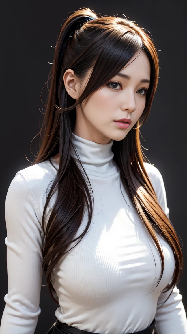 (best quality, highres), portrait, upper body, cool type adult woman, long hair, swept-side bangs, [[[brown hair]]], blonde hair, brown eyes, turtle neck tank top, big breast, plain wall, ultra detailed cg,
 